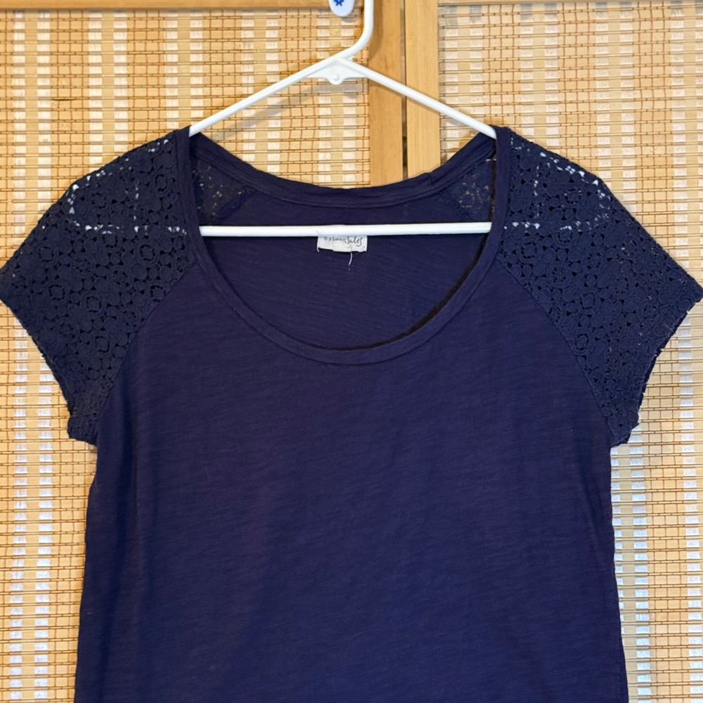 Maison Jules Womens Navy Blue Crochet Lace Shoulder Slub Cotton T-Shirt M Travel